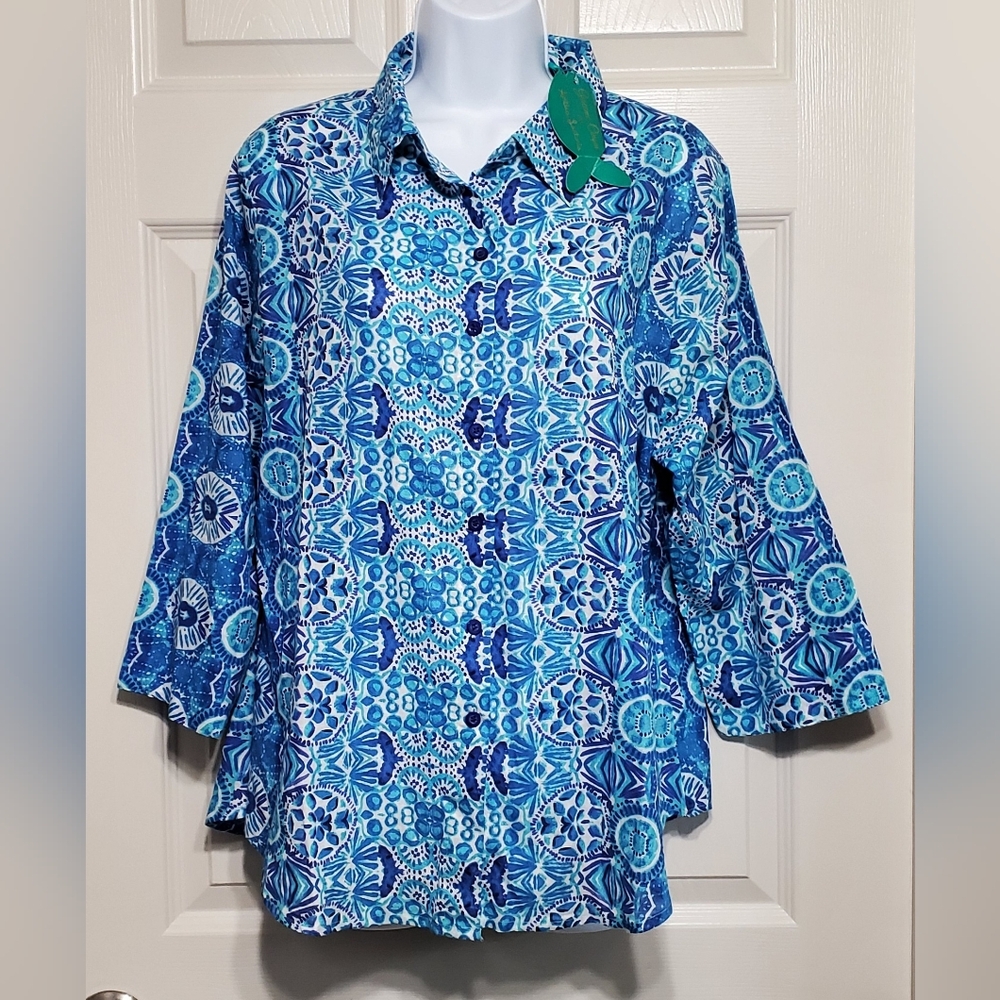 Antica Santoria Size XL Floral Blue Blouse New with Tags